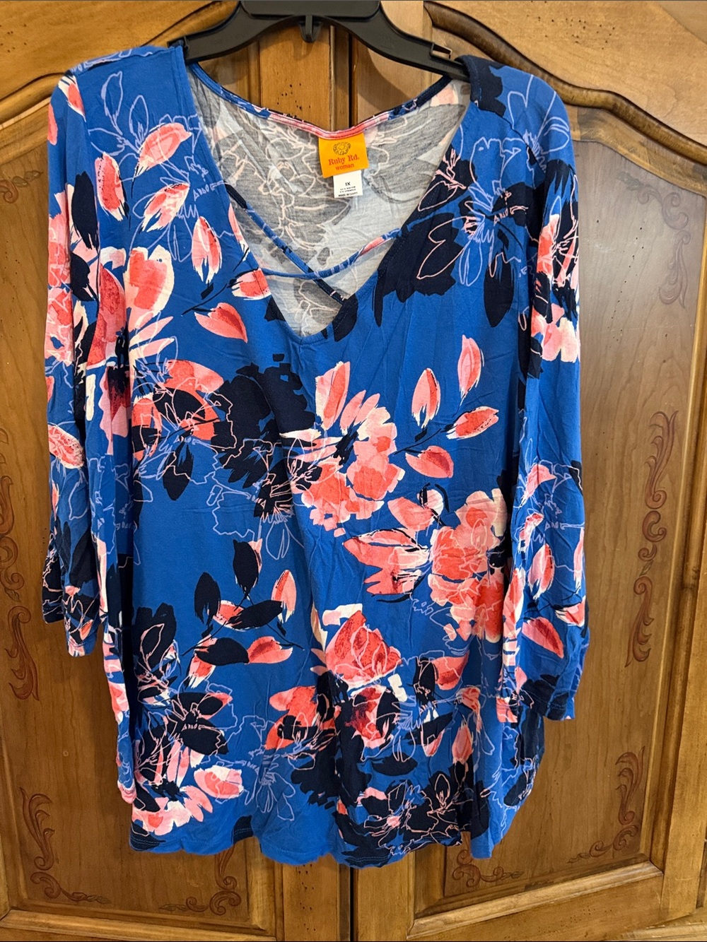 Ruby Rd. Blue Floral V-Neck Tunic with Coral Accents